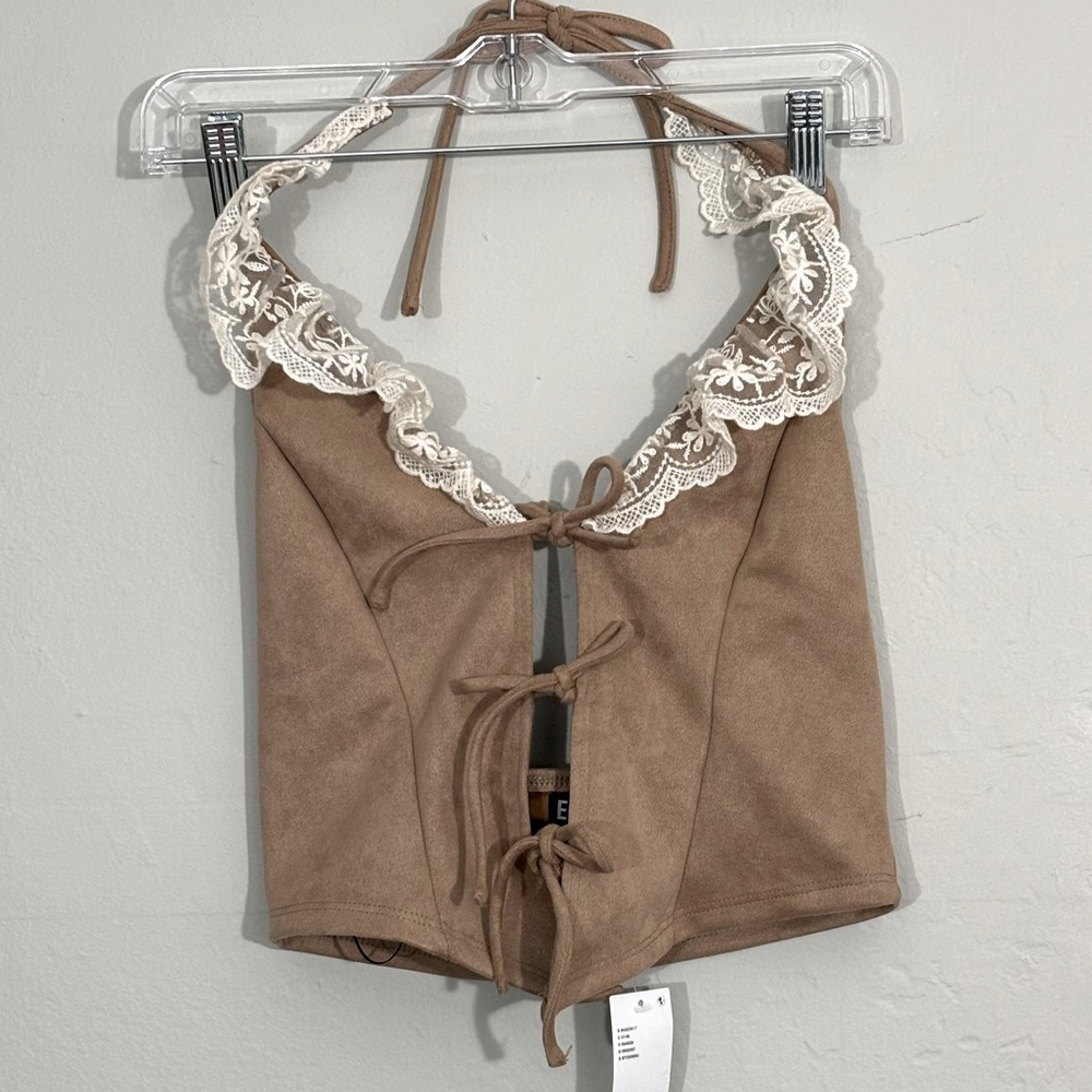 Ecote faux suede lace tie-front halter top S NWT